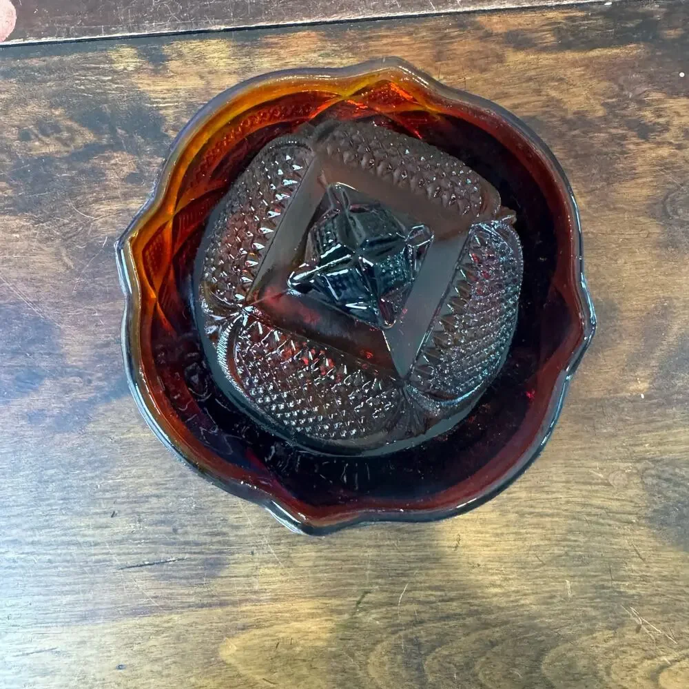 Vintage Depression Pressed Red Cadmium Glass Covered Butter Dish GLOWS